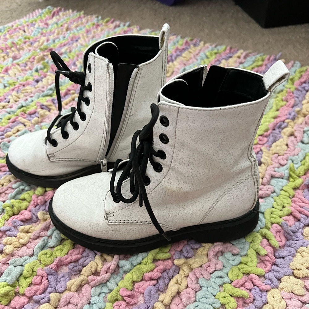 White glittery kids combat boots